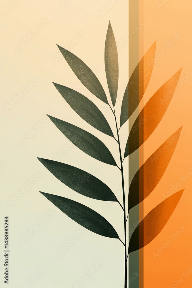 Poster abstract botanical illustration of a branch with leaves against a gradient background