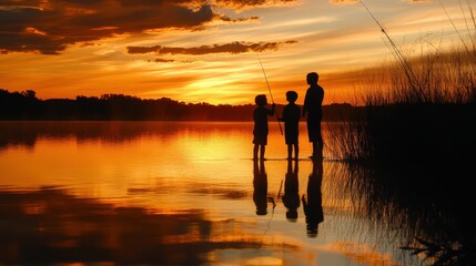 Golden sunset silhouettes of a family fishing.