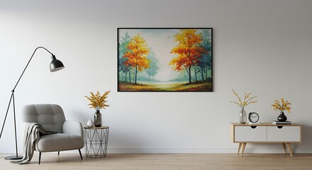 Autumnal Landscape Painting Vibrant Fall Colors in a Modern Home Setting