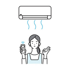 リモコンを持つ主婦とエアコンのイラスト