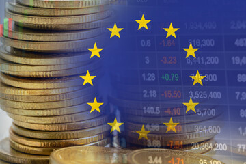 Stock market investment trading financial, coin and EU flag or Forex for analyze profit finance business trend data background.