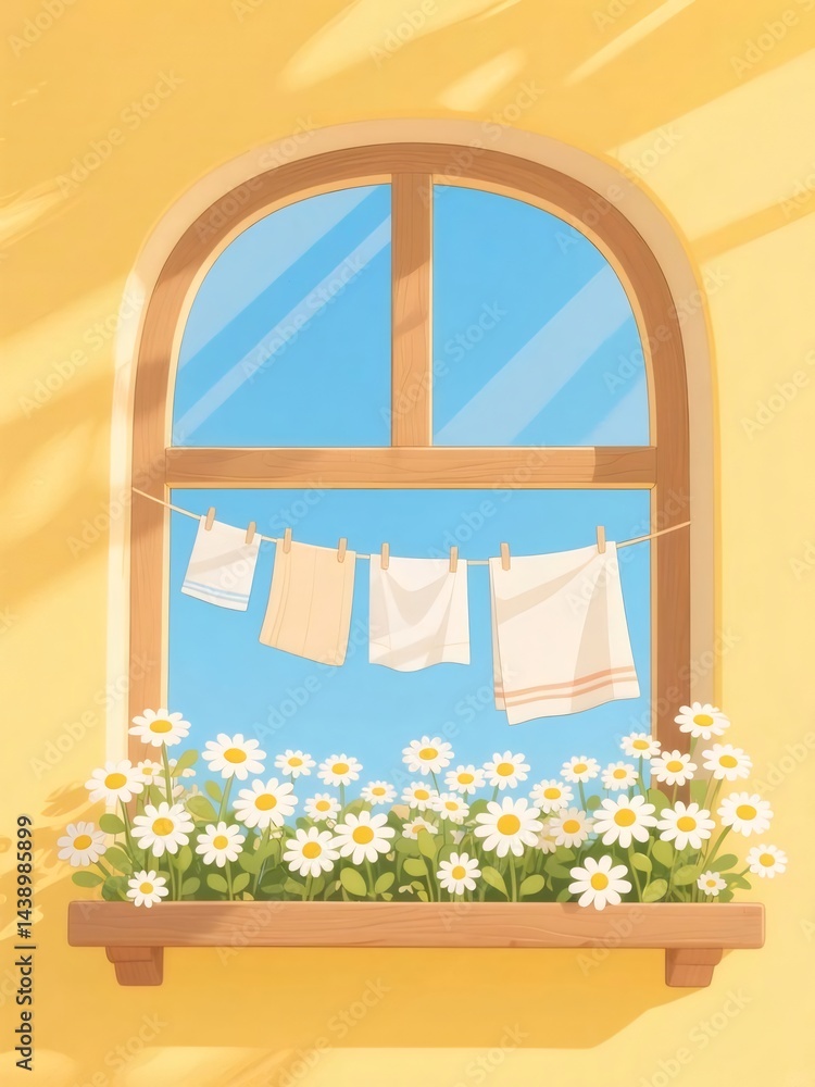 Aufkleber 黄色い壁と窓にデイジーの花が咲き青空の下で洗濯物が干されている爽やかな夏の風景