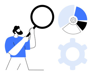 Man holding magnifying glass examining segmented pie chart and gear. Ideal for analysis, process optimization, problem-solving, strategy, management, research, innovation themes. Flat simple metaphor