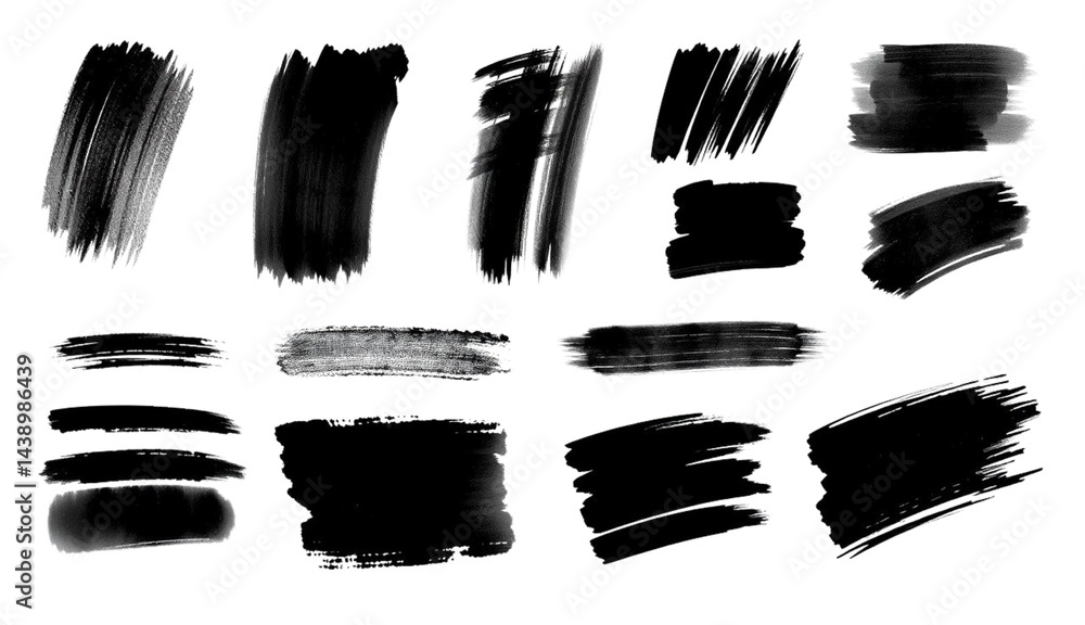 Aufkleber various black brush strokes of different shapes and textures are displayed on transparent background