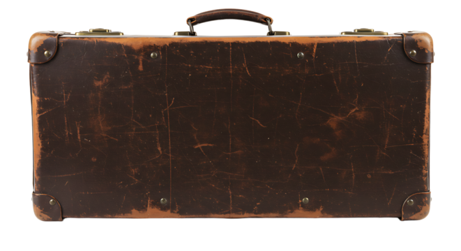 Worn and weathered brown leather suitcase with visible scuffs and corner protectors