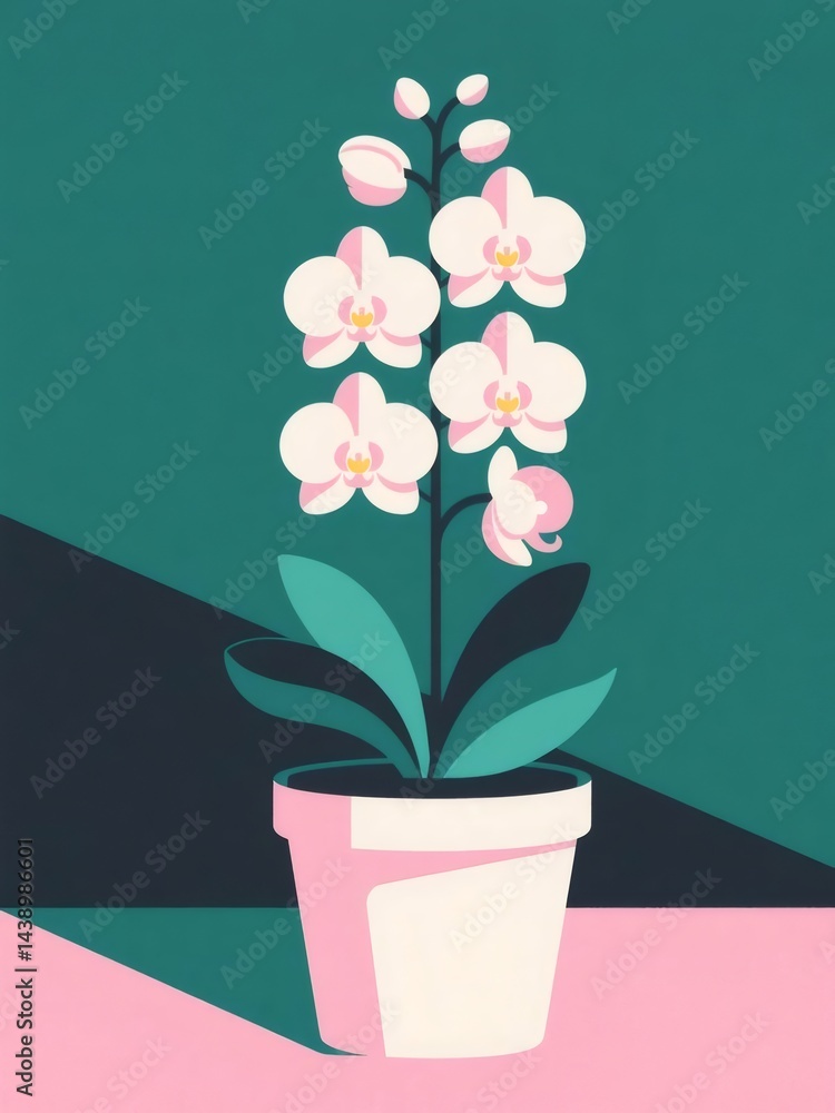 Aufkleber 緑とピンクの背景に白い花と緑の葉を持つランの花の鉢植え 美しい花のディテール