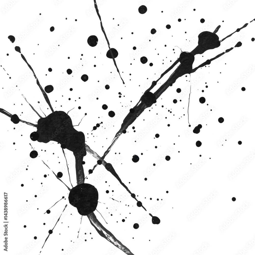 Poster dynamic black ink splatter pattern on transparency background, showcasing abstract art with energeti