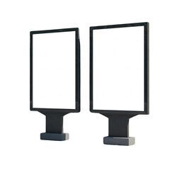 Two blank vertical billboards stand side-by-side on gray bases isolated  transparent background - Outdoor advertising mockups.