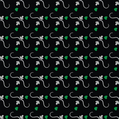Seamless Decorative Pattern With Green Hearts and Curved Flourishes on Black