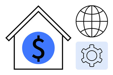 Outline of house with dollar sign, globe, and gear representing financial planning, global access, processes. Ideal for finance, real estate, investment, technology banking global trade simple