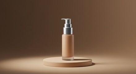 Modern foundation bottle with pump standing under soft focused spotlight on matte platform