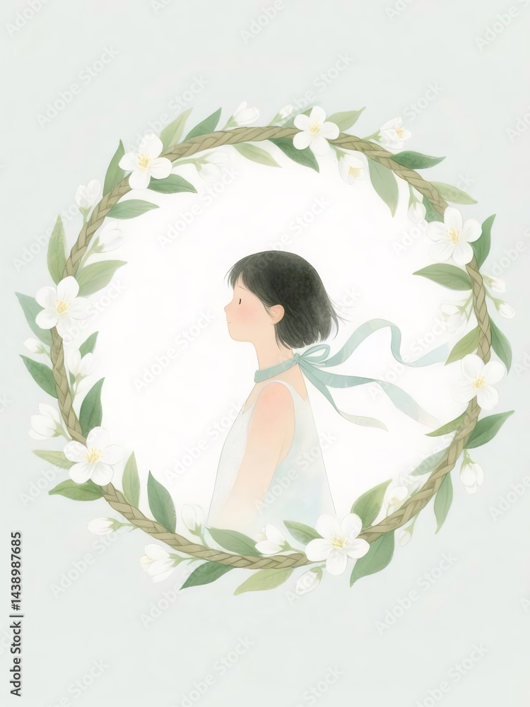 Aufkleber 水彩画の女性の肖像画 花のリースに囲まれた優雅な姿 穏やかな背景とソフトな色使いが特徴