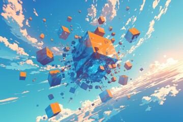 Exploding Cube with Sky, and Abstract Art.