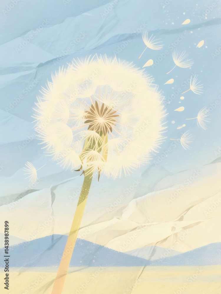 Aufkleber 水彩画風のタンポポのイラスト 青い背景に浮かぶ綿毛と柔らかな光