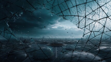 A futuristic dystopian city landscape is viewed through a cracked glass pane revealing a dark stormy sky and ominous atmosphere.