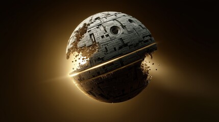 A meticulously detailed 3D render depicts a shattered Death Star-like space station against a dark golden background emitting light from its fractured core.