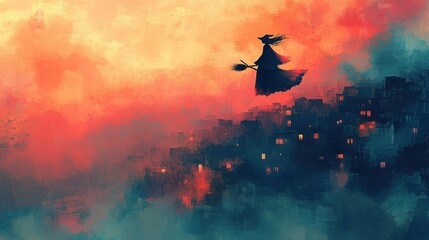 A drawing of a witch flying across town