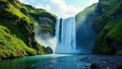 Fototapeta premium Kvernufoss waterfall, its curtain of water framed by lush greenery, green, peaceful