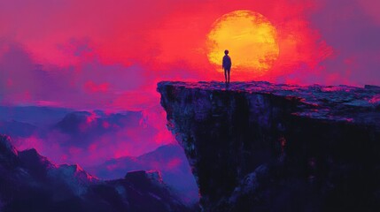 A water color painting of a boy standing near a cliff with a sunset view