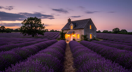 Stone Cottage Sunset: Lavender Field Serenity