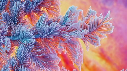Close up of frosty pine needles against a colorful pink orange and yellow blurred background