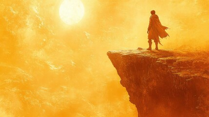 Adventurous Boy, standing on cliff edge gazing at sunset