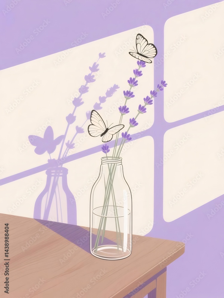 Poster テーブルに置かれたガラス瓶に入ったラベンダーの花と蝶のイラスト 窓からの光と影が美しい紫色の静物画