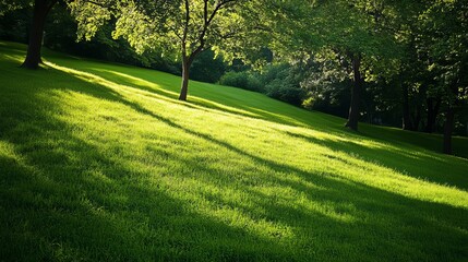 Obraz premium Sunlight shines on a grassy hill with trees casting shadows in a serene outdoor landscape view