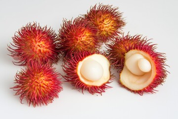 A bunch rambutans, some whole and some peeled open arranged in the middle, isolated on a white background
