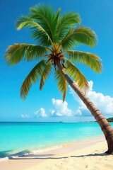 Leaning palm tree, golden sand, turquoise ocean, coconut palm, coast, tropical