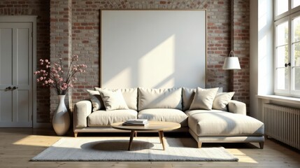 Modern Sectional Sofa in Sunlit Room with Large Blank Canvas and Simple Decor