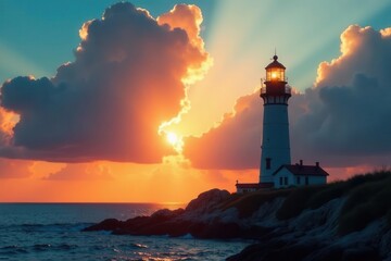 Lighthouse silhouette, sun rays pierce clouds, sunbeams, light