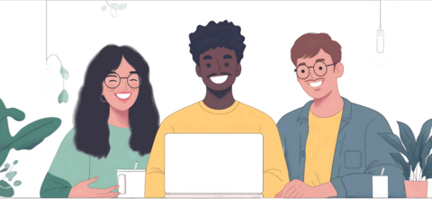 a photo of happy office employees who are black white or japanese all professionally dressed looking at a laptop together