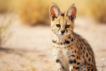 Obraz premium Closeup Portrait of a Serval Kitten in a Desert Setting