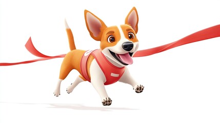 Happy cartoon dog crossing finish line.