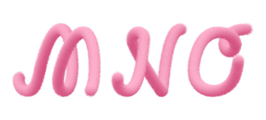 Volumetric fur M, N, O alphabet. Pink letter. Animal tail hair alphabet. Fluffy font, bubble typescript text. Furry pompom 3d typography. Hairy vector capital script, fuzzy soft puffy plush character