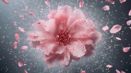 ピンクの花が煙る背景に咲き乱れ花びらが舞い散る幻想的なイメージ