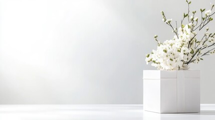 White Flowers in Box, Minimalist Decor, Bright Soft Lighting, Wide Angle, Simple Composition, Spring Bloom Theme, Peaceful Serenity, White Background, Pure White Palette, Website Design Inspiration