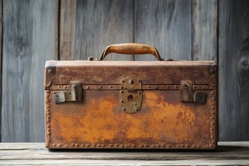 Rusty, aged leather trunk sits on weathered wooden surface.