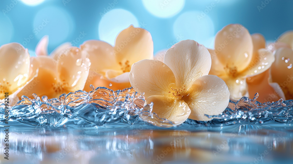 Poster delicate flowers float on shimmering water surface, creating serene and tranquil atmosphere. soft pe