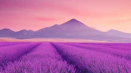 Obraz premium Lavender field at sunrise, mountains in the distance