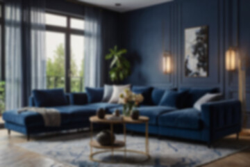 modern living room interior blurry, with sofas neatly lined up with a dark blue theme, there are flower pots behind the sofa, near the window, bright lighting, blur wallpaper, 8k photo quality