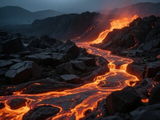 River of Lava Flowing Through a Volcanic Landscape