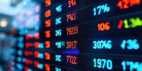 Obraz premium Dynamic Stock Market Data Display Financial Numbers and Percentages on LED Screen