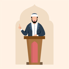 An illustration of a Muslim Imam delivering a Khutbah (sermon) from the Minbar (pulpit) during Friday prayers