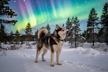 Naklejka premium Siberian Husky Howling Under Northern Lights in Arctic Wilderness Snow Landscape