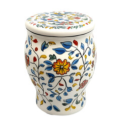 Elegant ceramic garden stool with hand-painted design isolated on transparent background