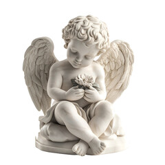 Elegant marble garden sculpture of a cherub holding isolated on transparent background