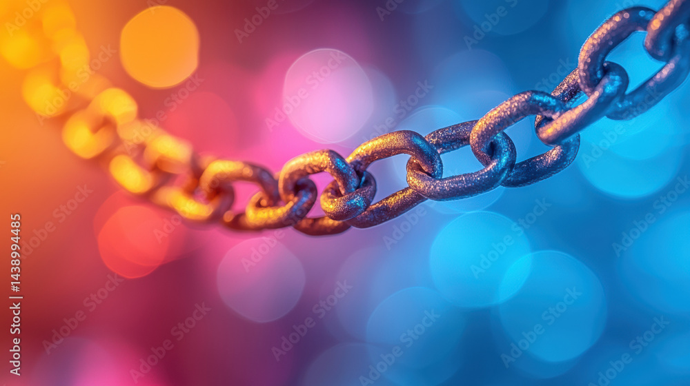 Poster close up view of metallic chain links illuminated by vibrant colors, creating visually striking effe