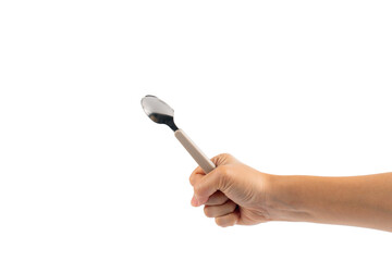 Hand and metal white spoon on transparent background.